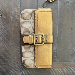 Coach Metallic Gold and Brown Leather Signature Buckle Wallet/Clutch Like New